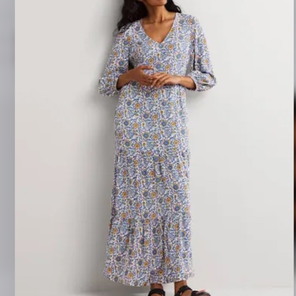 Boden Floral V-Neck Maxi Dress in Blue and Yellow